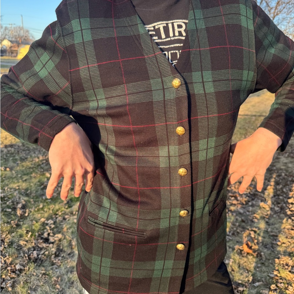 Plaid Blazer with Gold Buttons